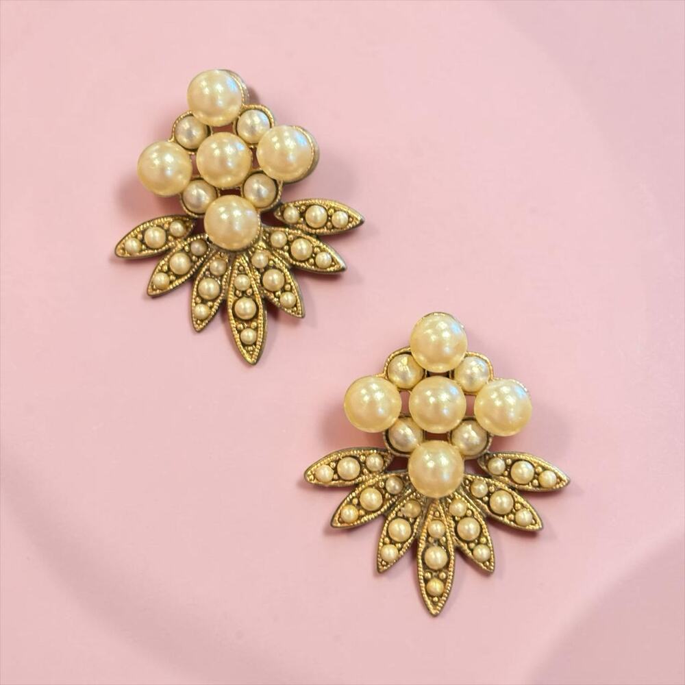 1928 Jewelry Pearl Fan Earrings Art Deco Glam Statement Gold Tone Pierced